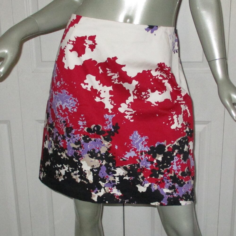 ELIE TAHARI Red & Black Abstract Floral Pencil Short Skirt